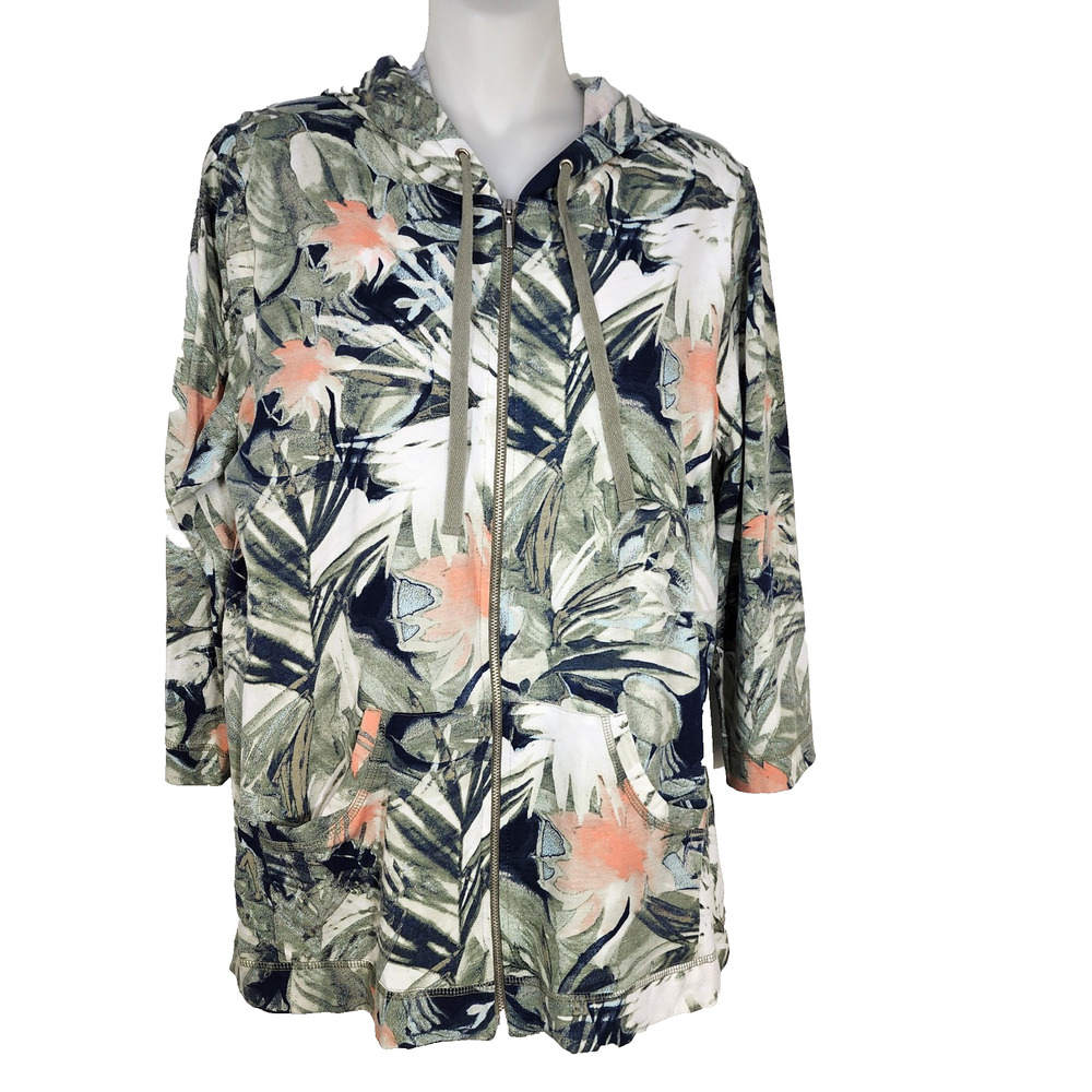Chico's Weekends Jacket Womens 2 US Large Hoodie Vtg Roses Zip Floral 3/4 sleeve